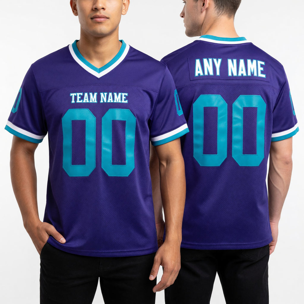 Custom Purple Teal-White Mesh Authentic Throwback Football Jersey worn front and back