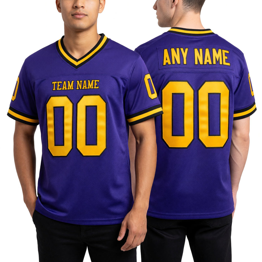 Custom Purple Old Gold-Black Mesh Authentic Throwback Football Jersey worn front and back