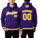 Custom Stitched Purple Gold-White Sports Pullover Sweatshirt Hoodie worn front and back