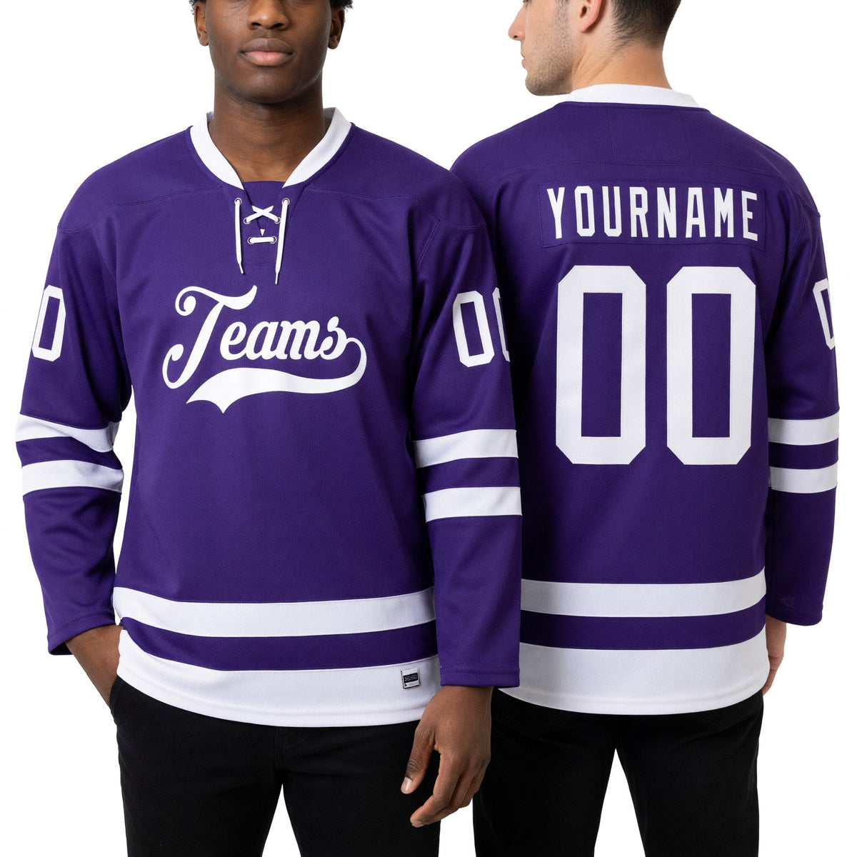 Custom Purple White Hockey Lace Neck Jersey worn front and back