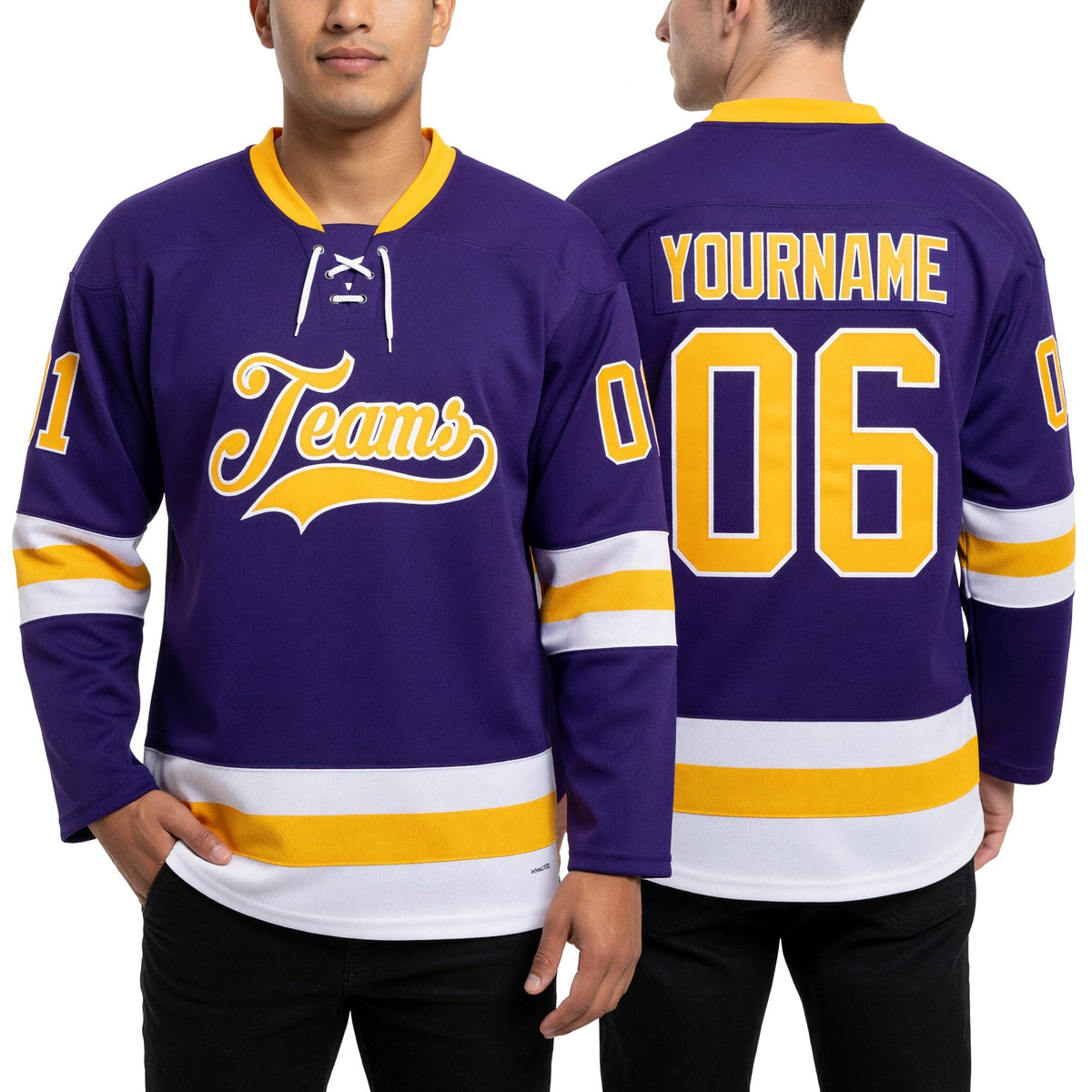 Custom Purple Gold-White Hockey Lace Neck Jersey worn front and back