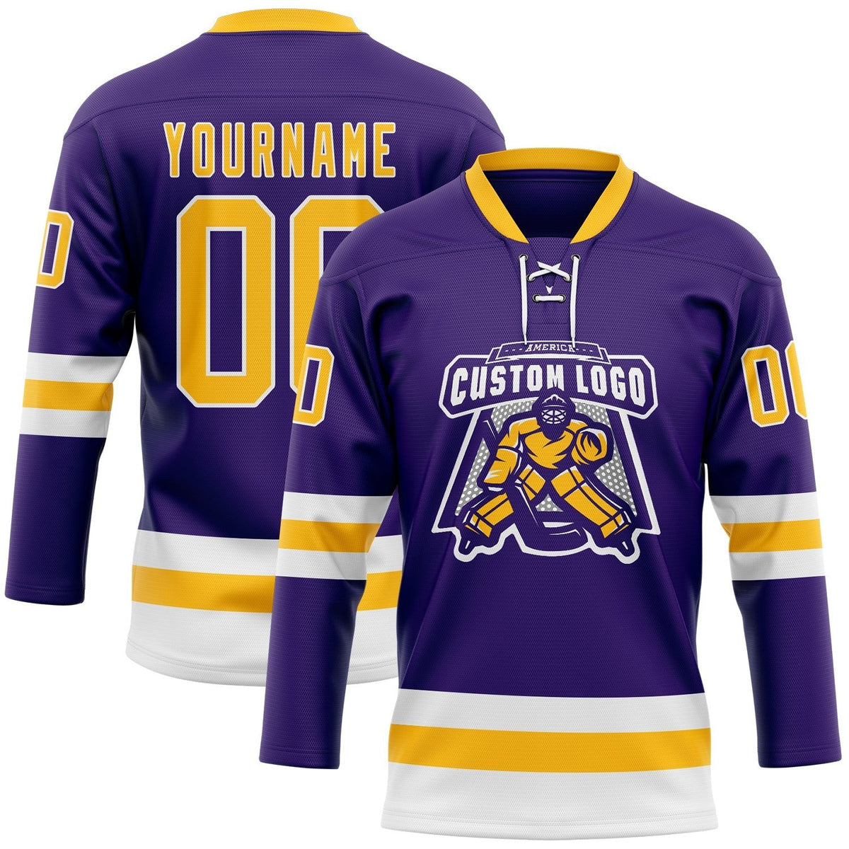 Custom Purple Gold-White Hockey Lace Neck Jersey photo 2