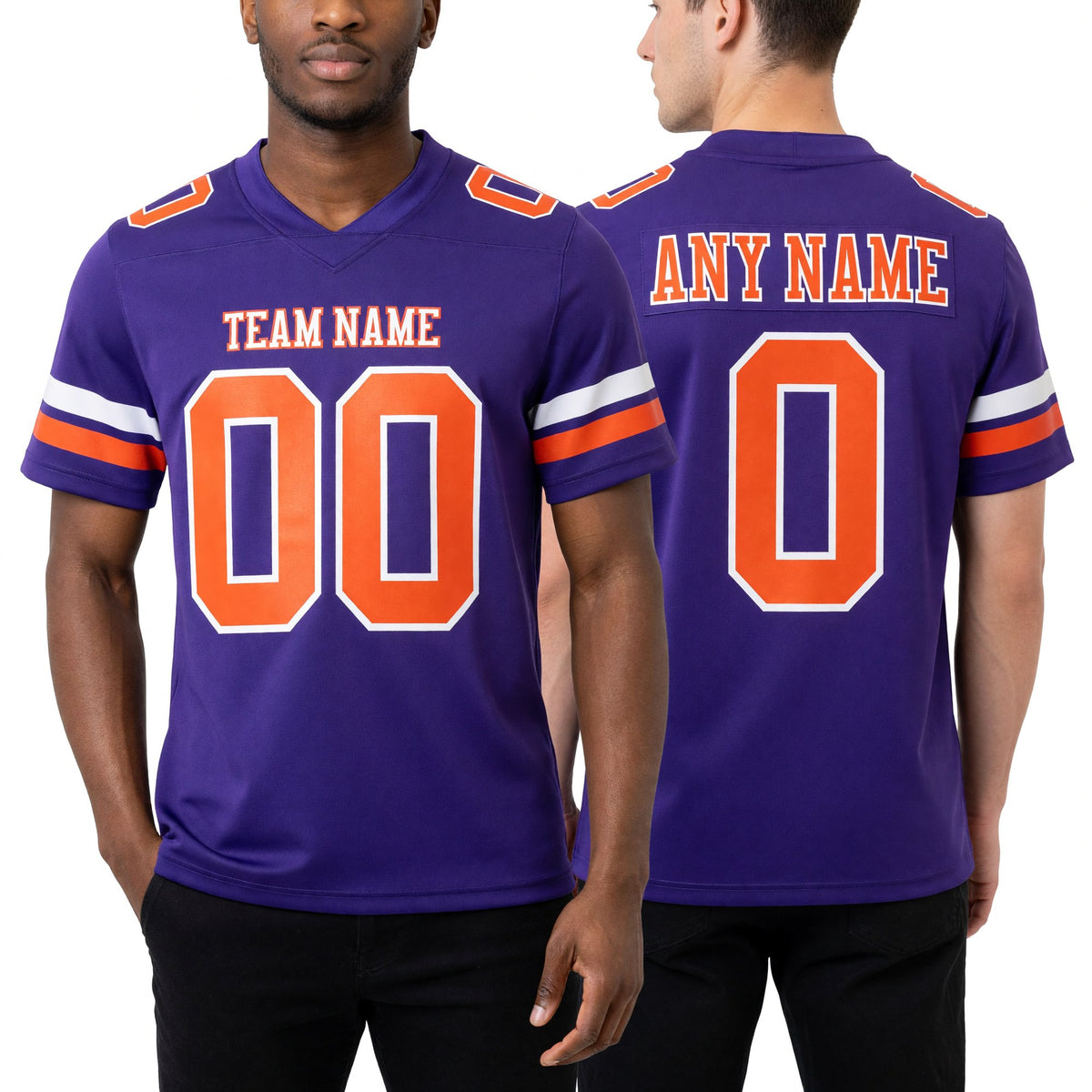 Custom Purple Orange-White Authentic Football Jersey worn front and back