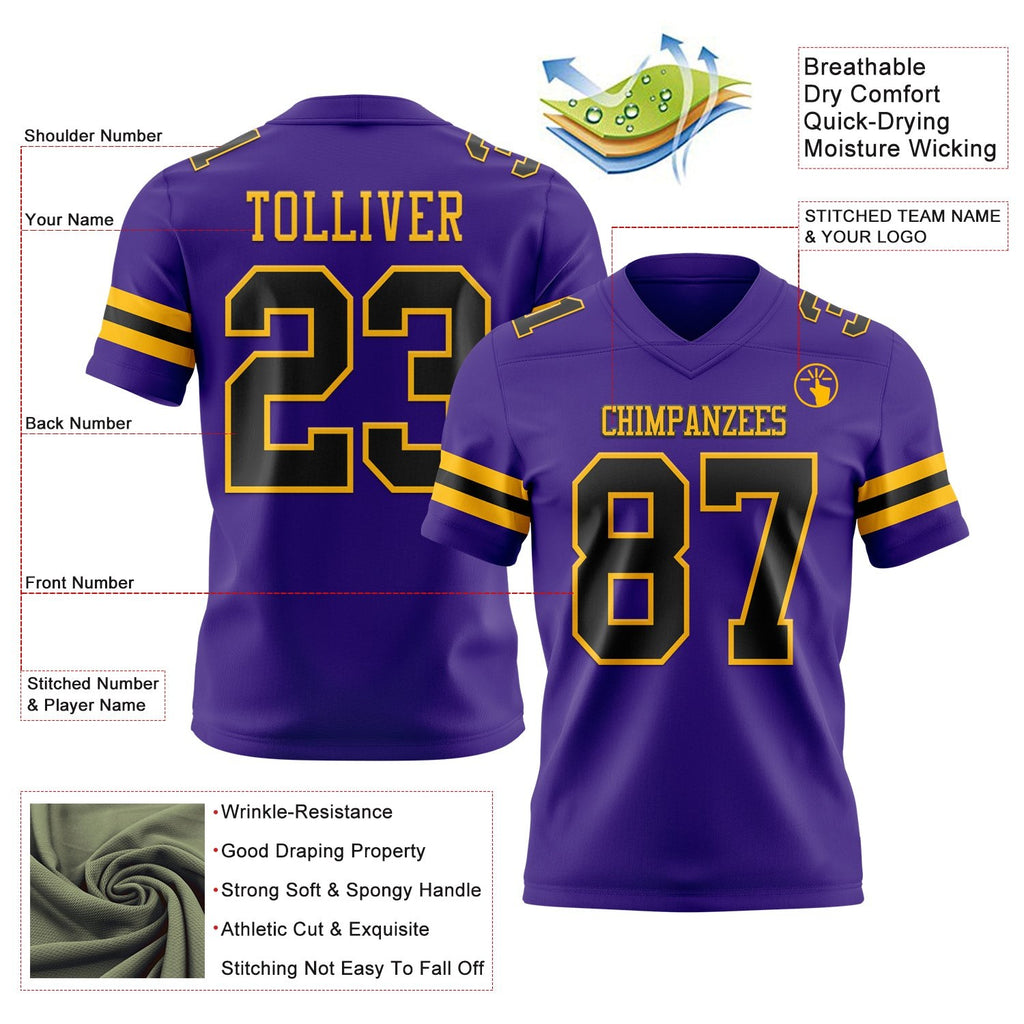 Custom Purple Black-Gold Authentic Football Jersey photo 3