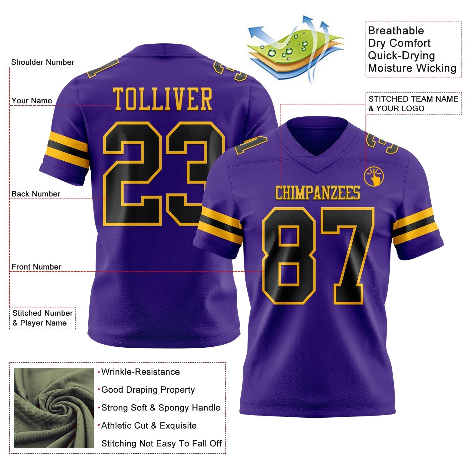 Custom Purple Black-Gold Authentic Football Jersey photo 3