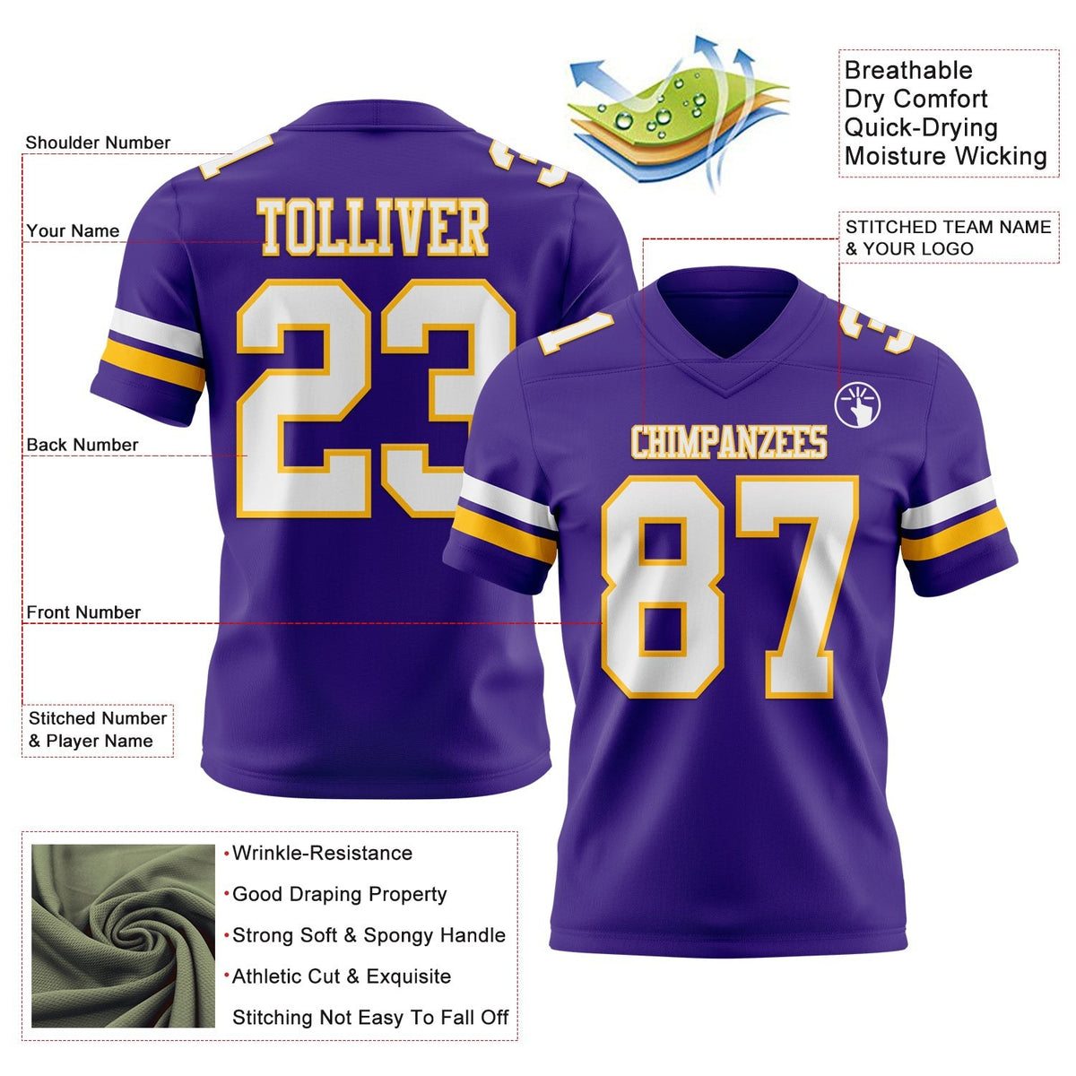 Custom Purple White-Gold Authentic Football Jersey photo 3