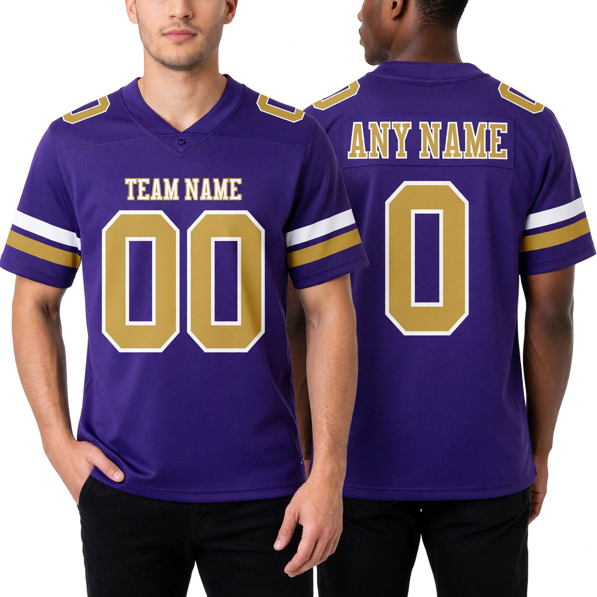 Custom Purple Old Gold-White Authentic Football Jersey worn front and back