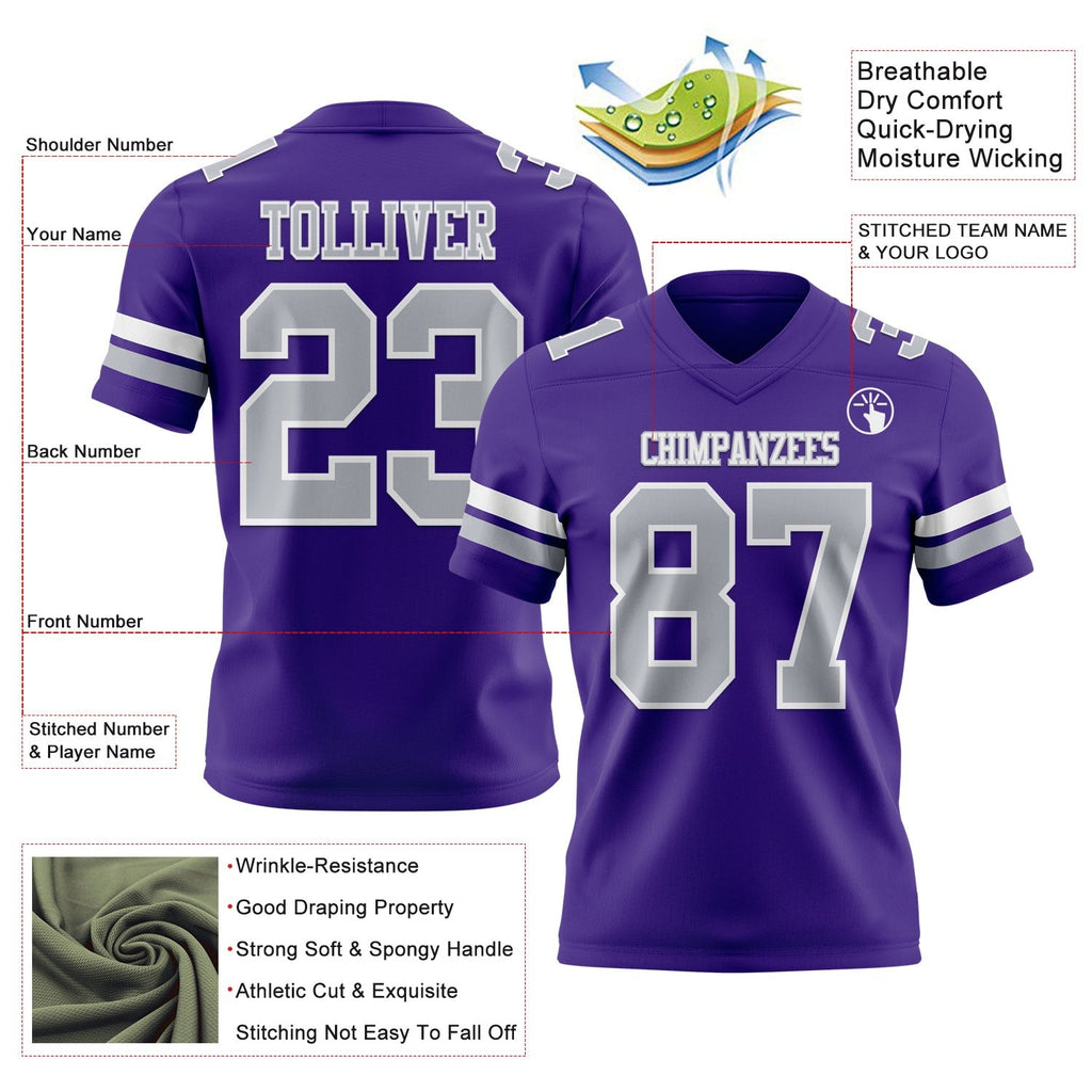 Custom Purple Gray-White Authentic Football Jersey photo 3