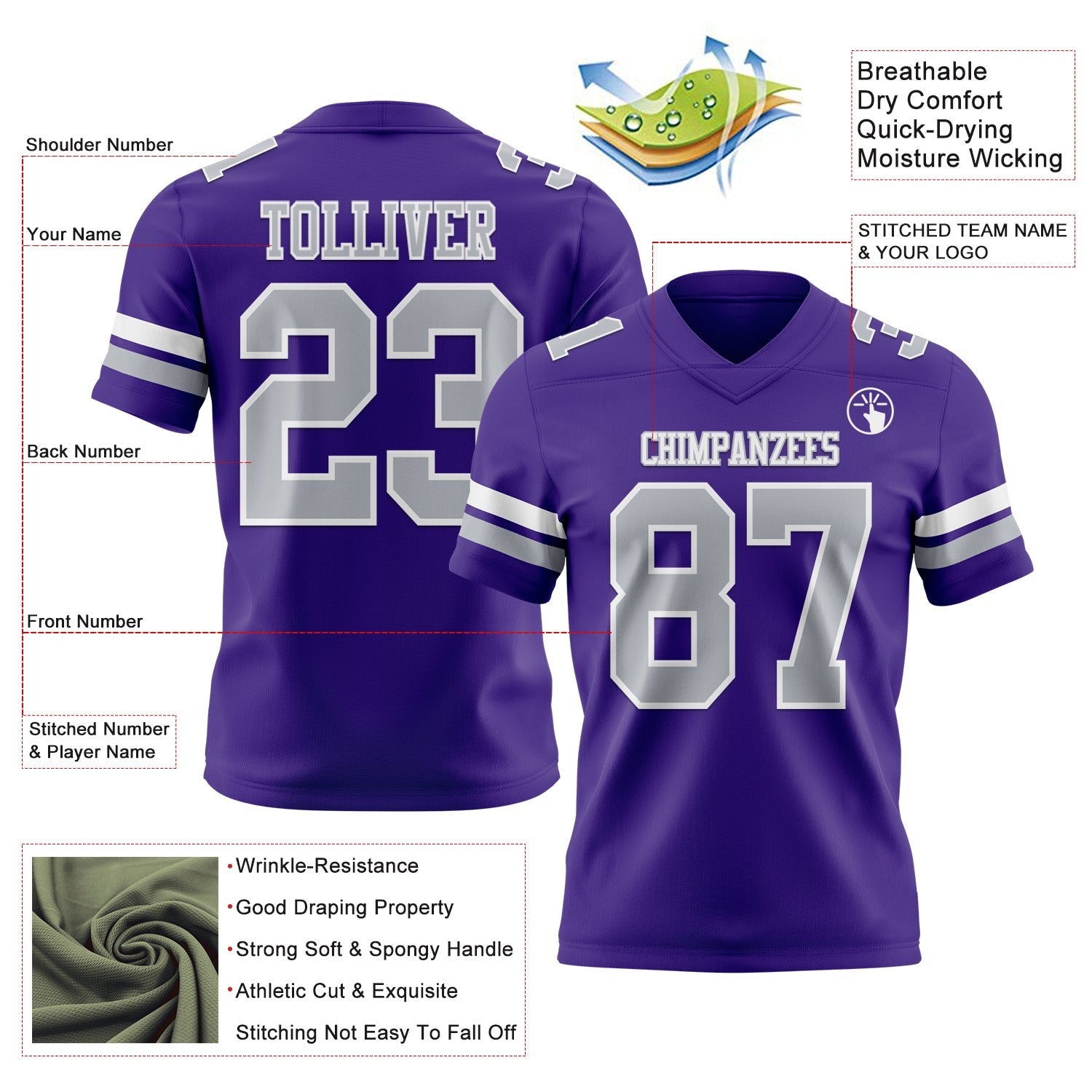 Custom Purple Gray-White Authentic Football Jersey photo 3