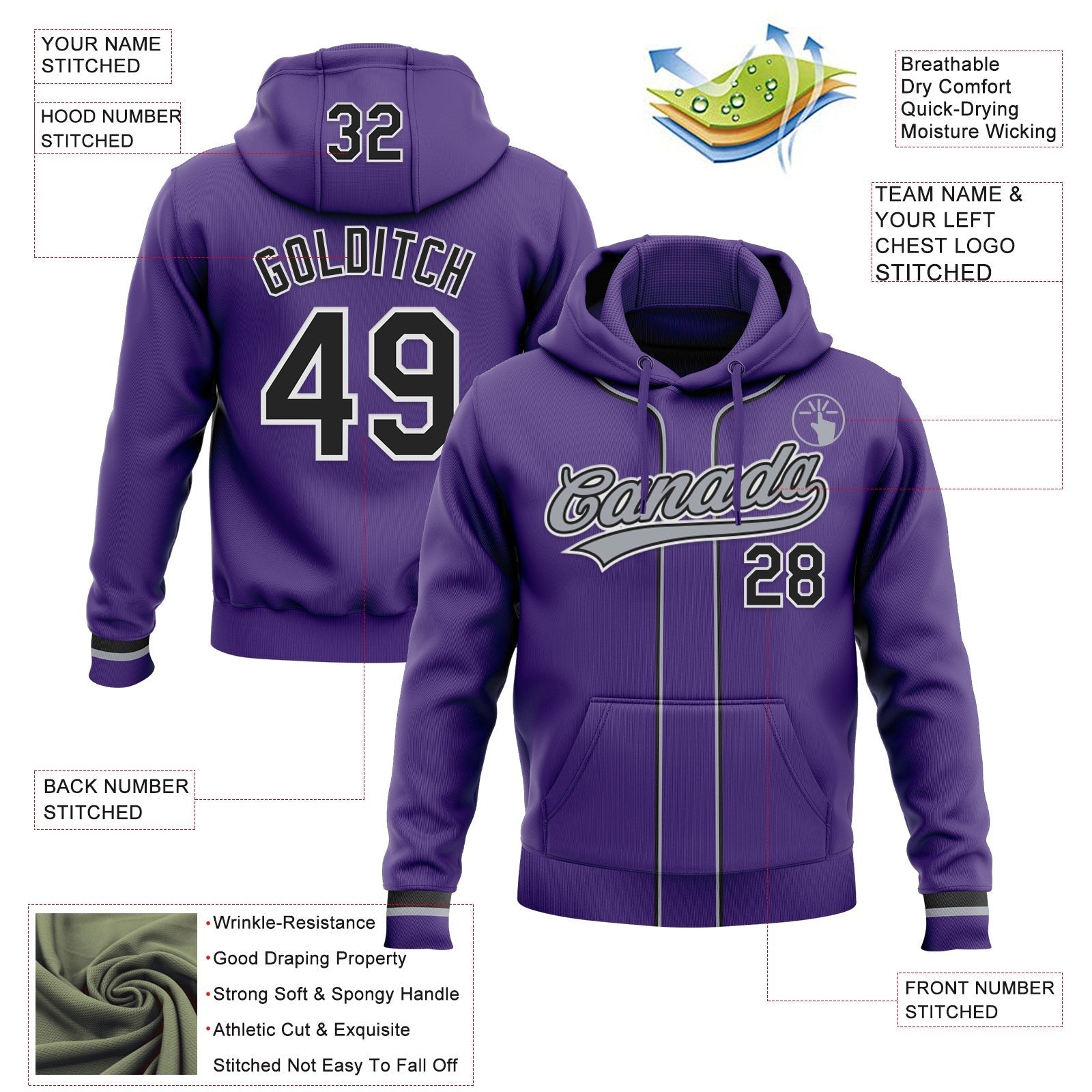 Custom Stitched Purple Black-White Baseball Pullover Sweatshirt Hoodie photo 2
