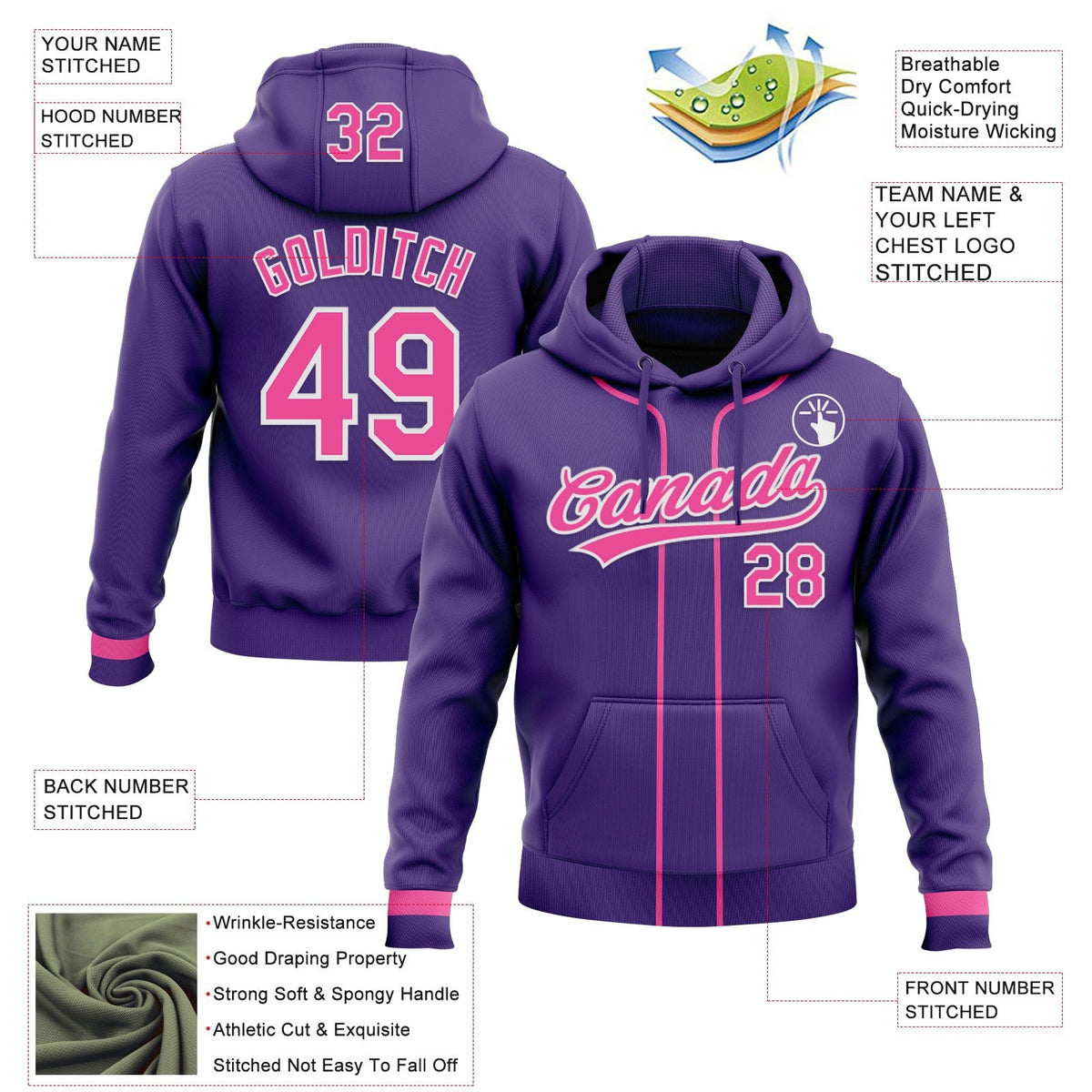 Custom Stitched Purple Pink-White Baseball Pullover Sweatshirt Hoodie photo 2