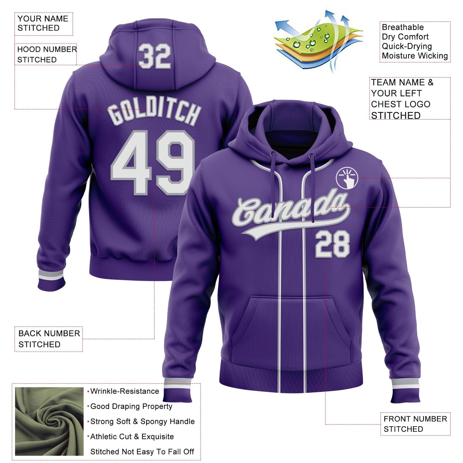 Custom Stitched Purple White-Gray Baseball Pullover Sweatshirt Hoodie photo 2