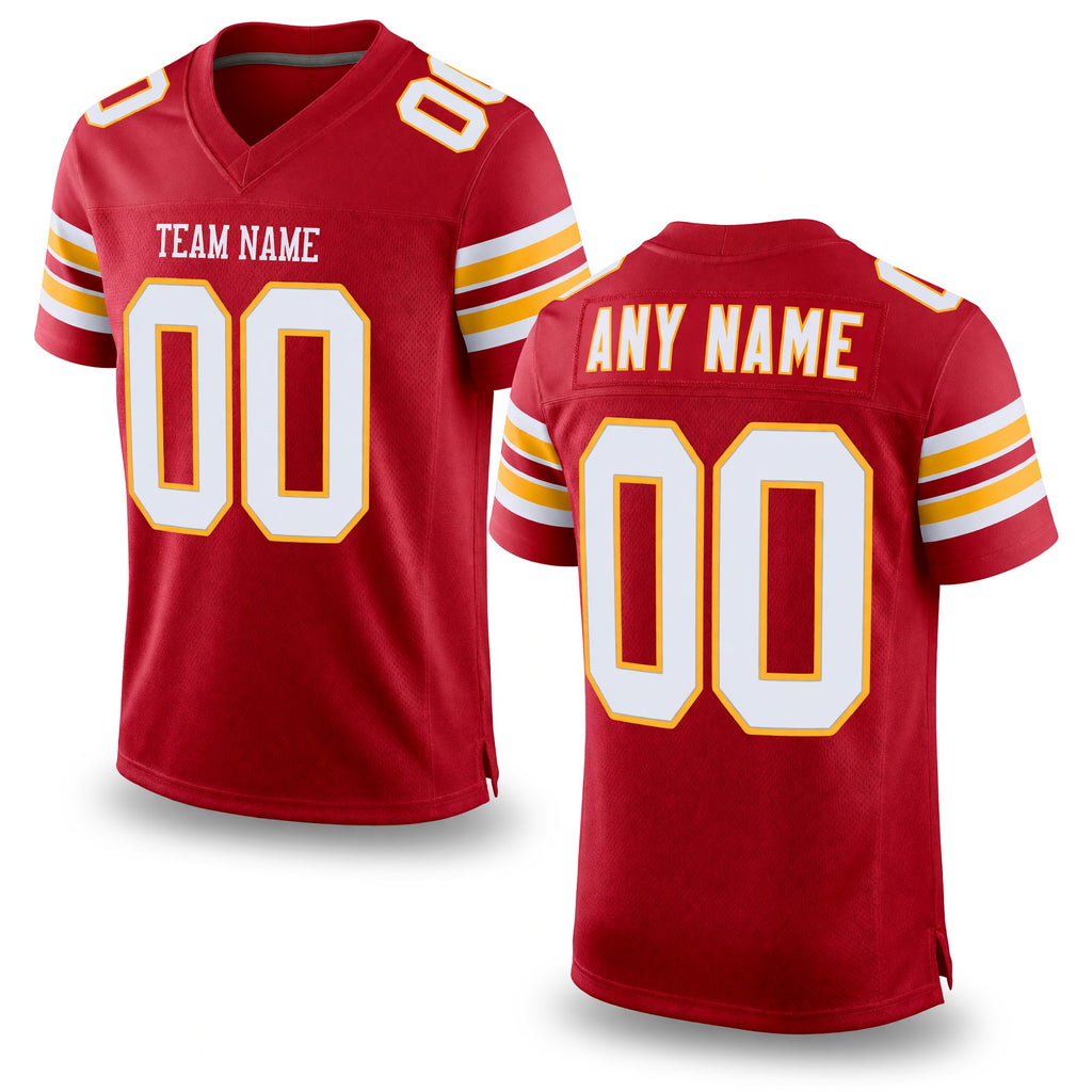 Custom Red White-Gold Mesh Authentic Football Jersey