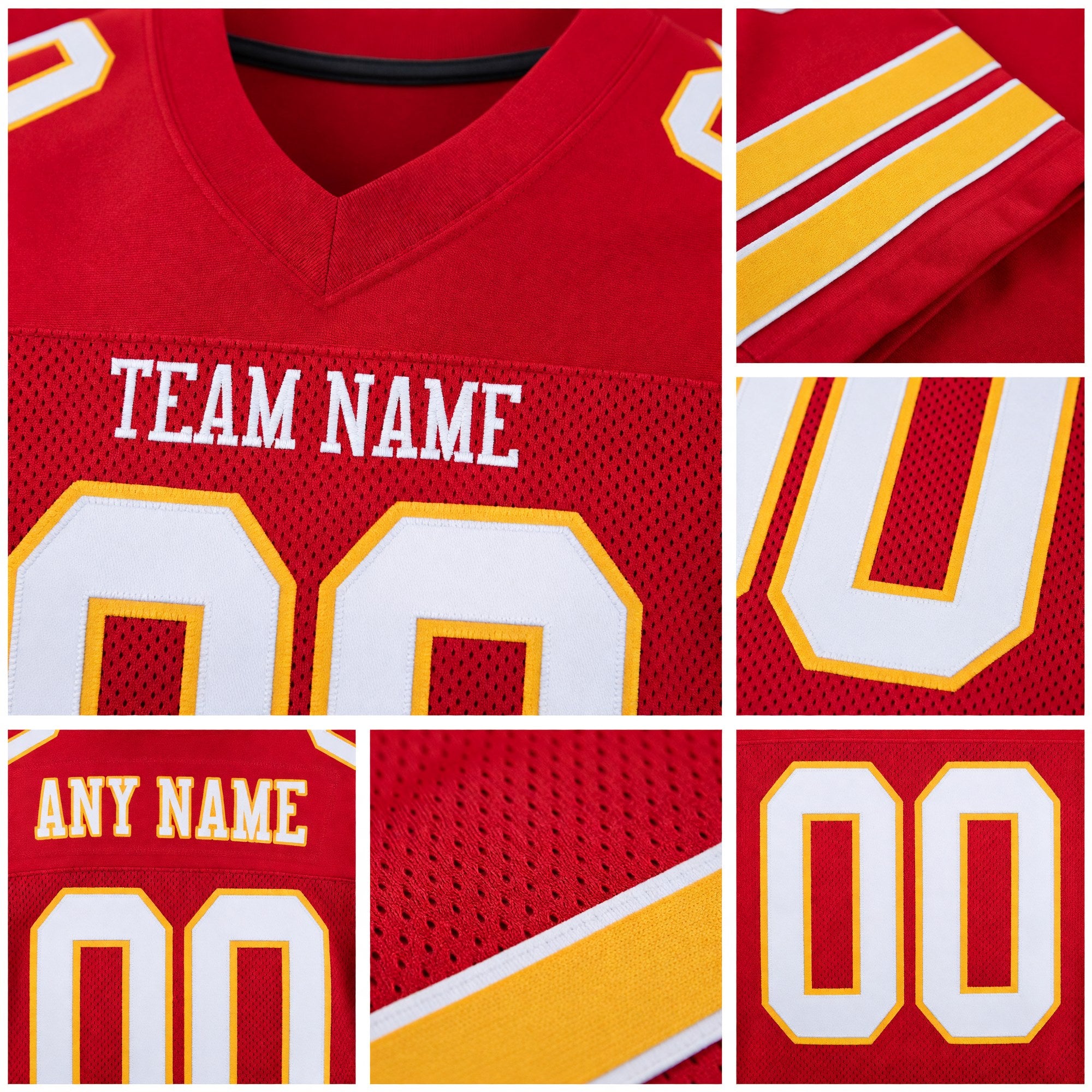 Custom Red White-Gold Mesh Authentic Football Jersey detail