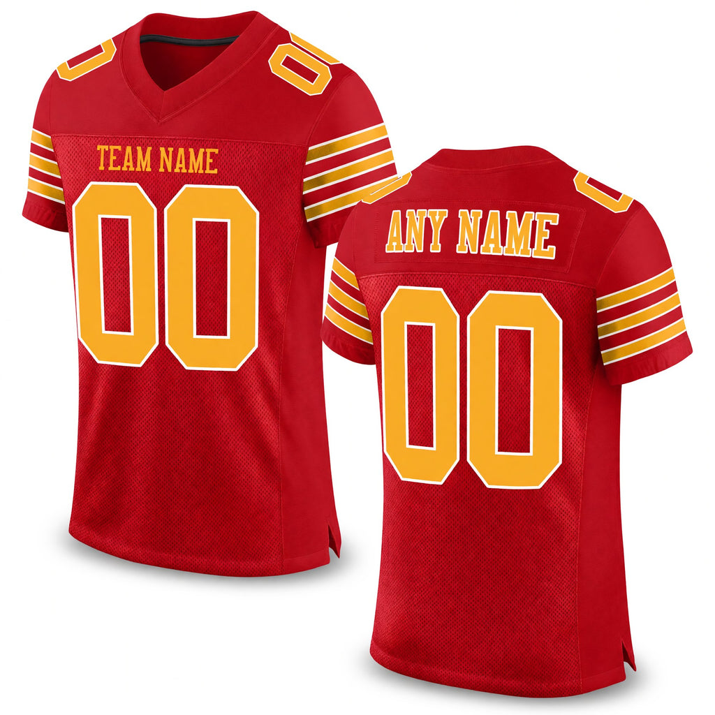 Custom Red Gold-White Mesh Authentic Football Jersey