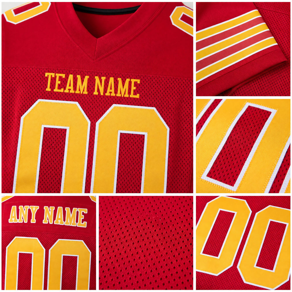 Custom Red Gold-White Mesh Authentic Football Jersey detail