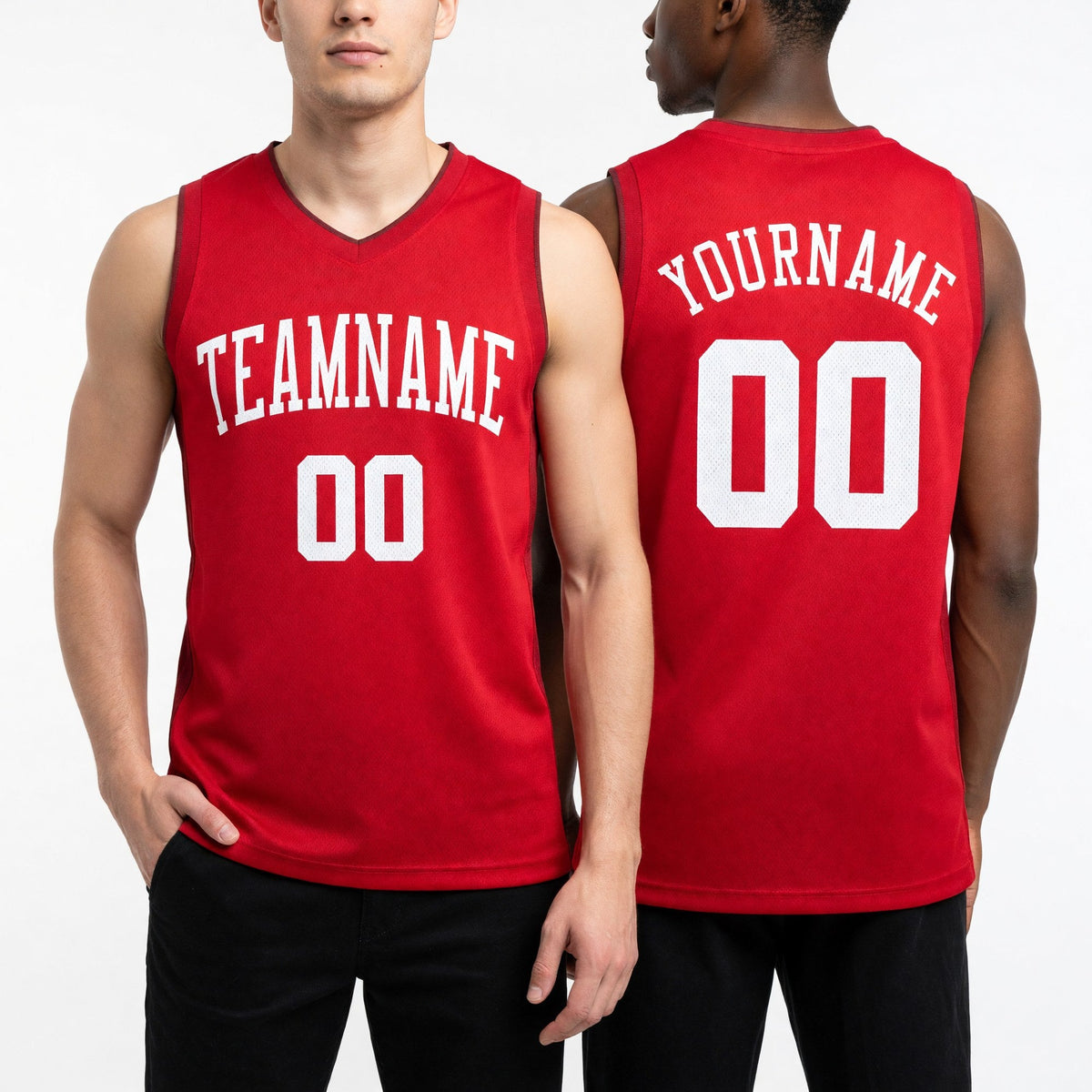 Custom Red White Round Neck Basketball Uniform Jersey worn front and back