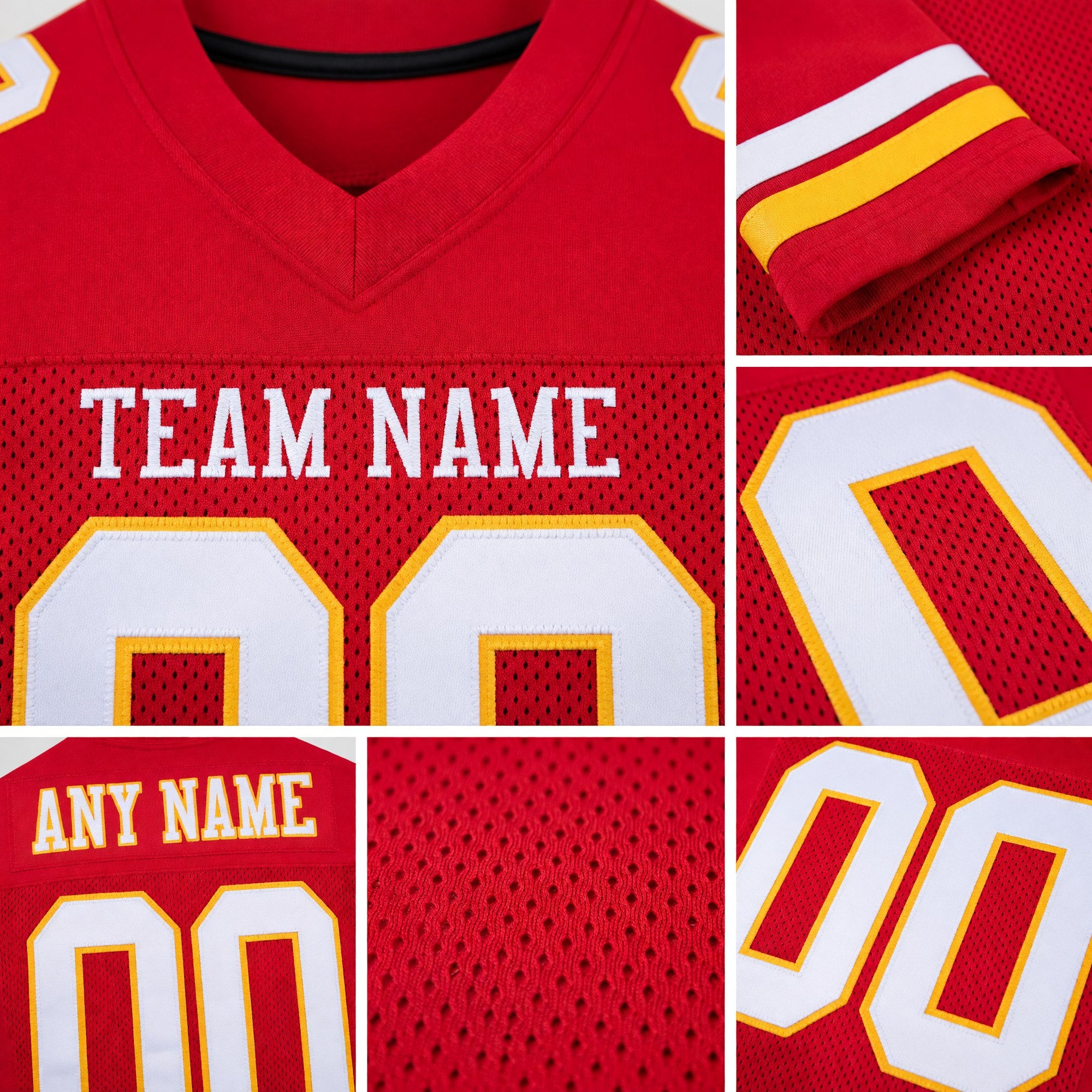 Custom Red White-Gold Mesh Authentic Football Jersey detail