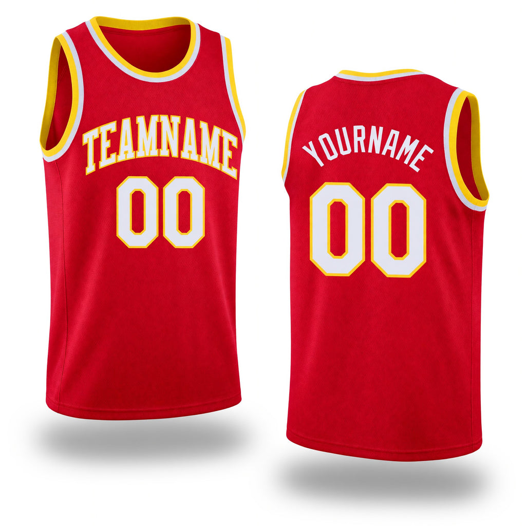 Custom Red White-Gold Round Neck Rib-Knit Basketball Jersey