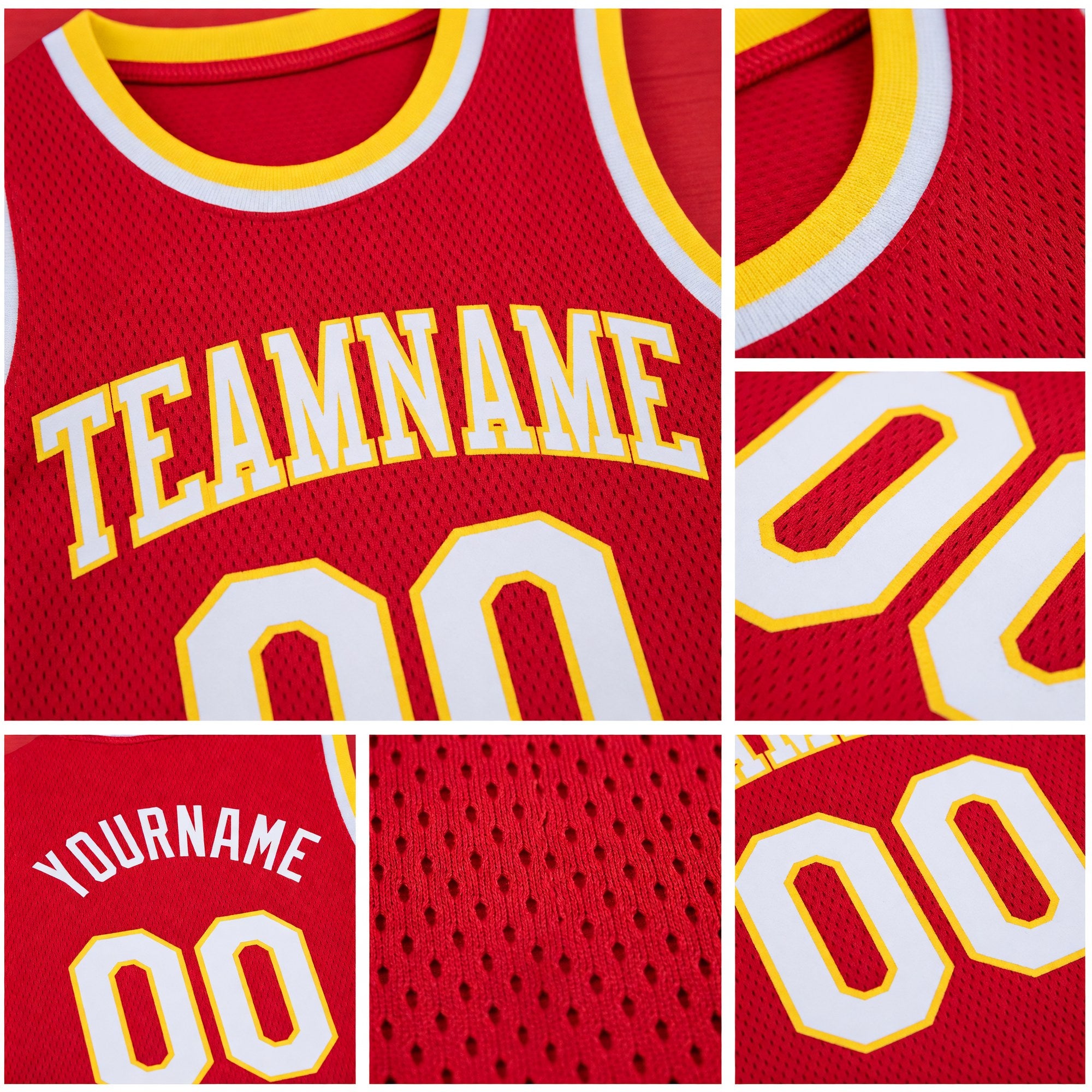 Custom Red White-Gold Round Neck Rib-Knit Basketball Jersey detail