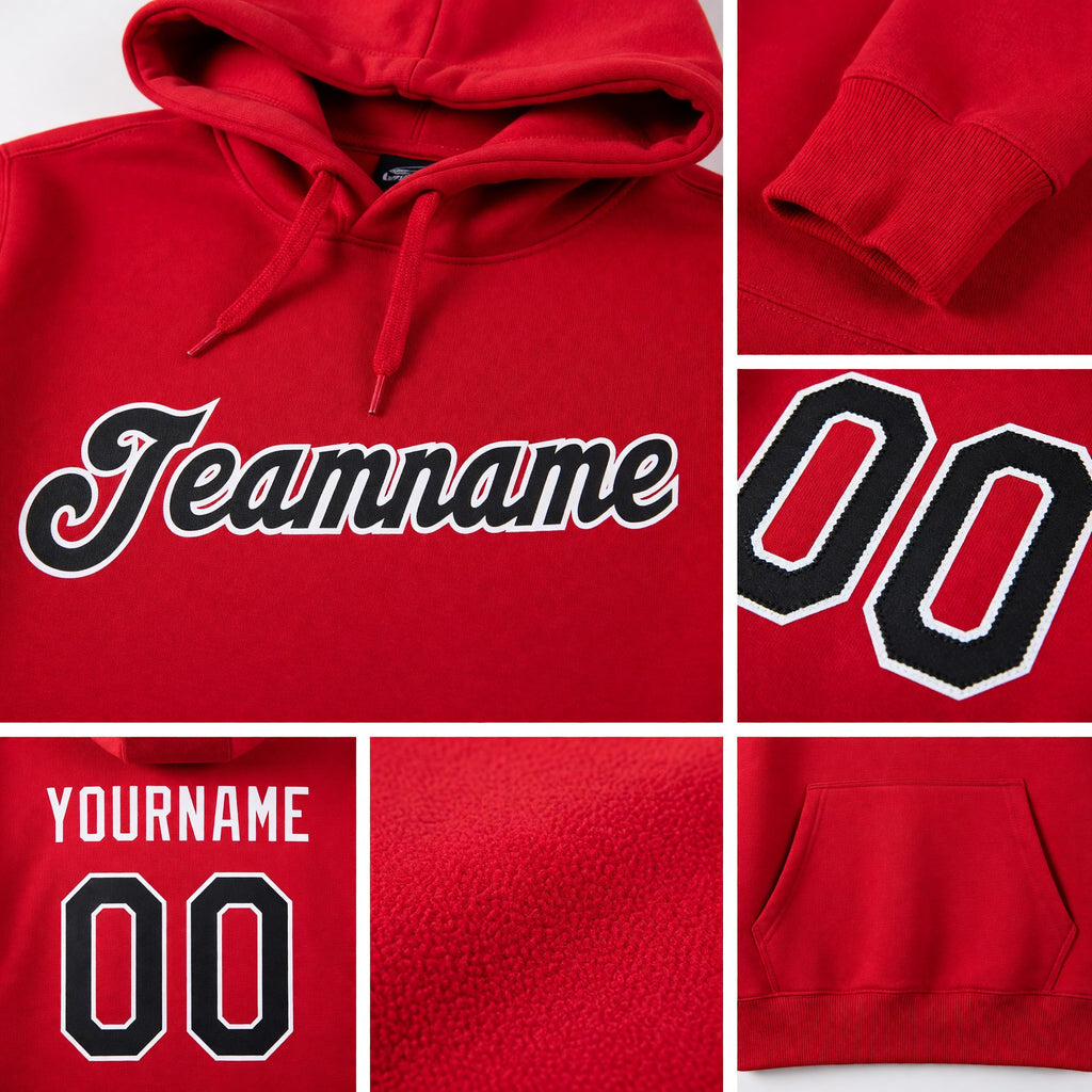 Custom Stitched Red Black-White Sports Pullover Sweatshirt Hoodie detail