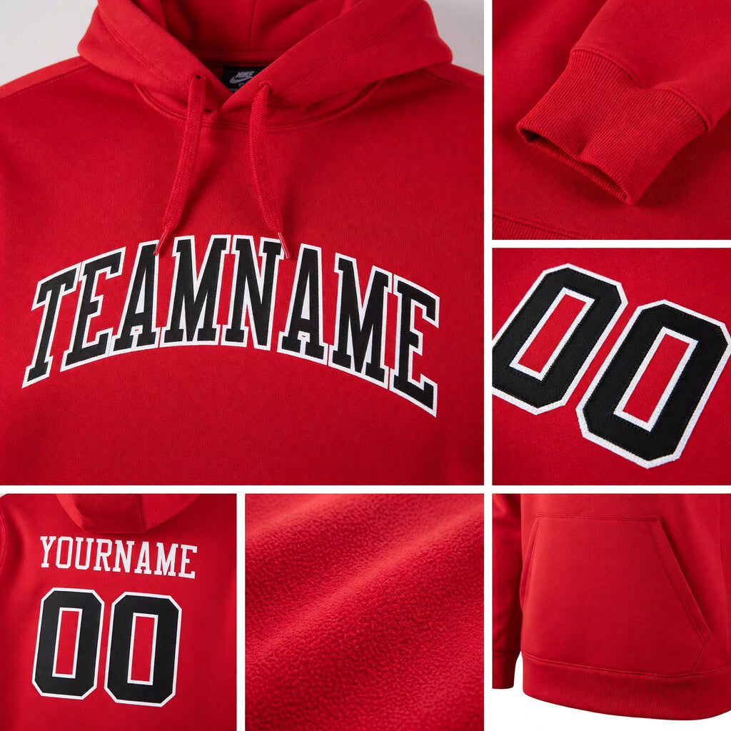 Custom Stitched Red Black-White Sports Pullover Sweatshirt Hoodie detail