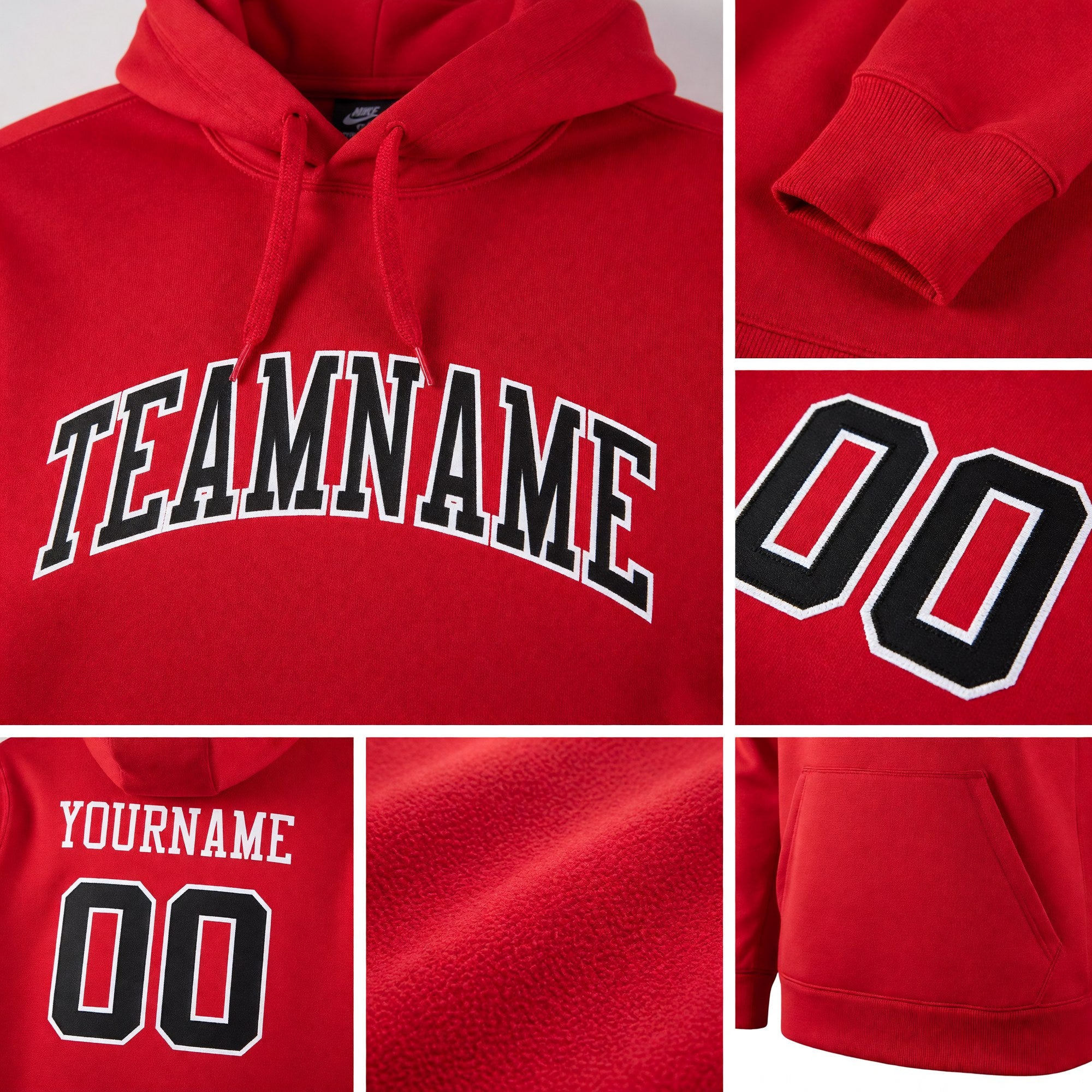 Custom Stitched Red Black-White Sports Pullover Sweatshirt Hoodie detail