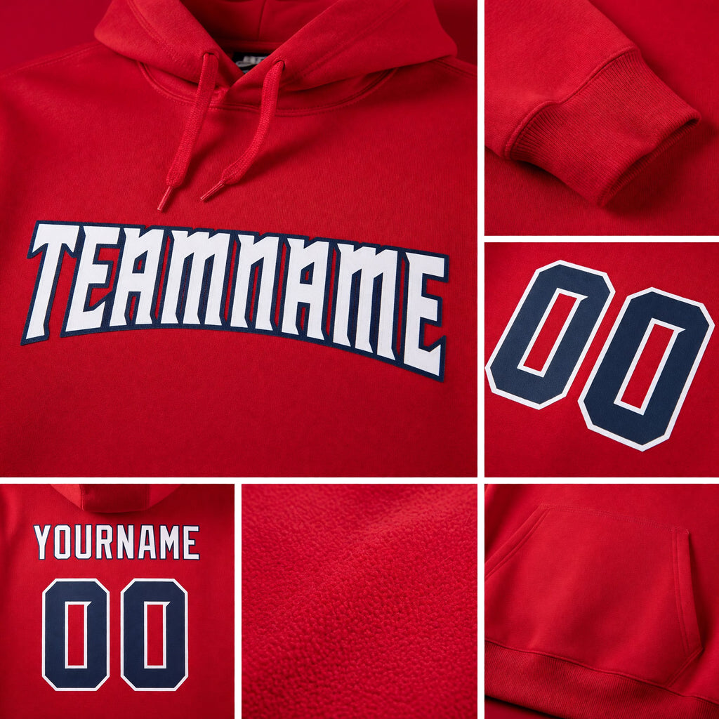 Custom Stitched Red Navy-White Sports Pullover Sweatshirt Hoodie detail