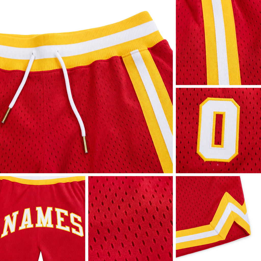 Custom Red White-Gold Authentic Throwback Basketball Shorts detail