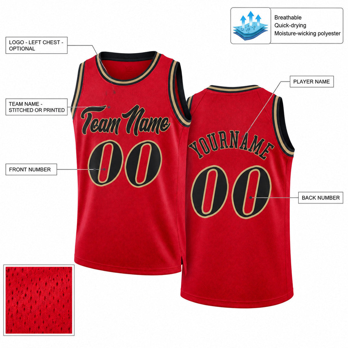 Custom Red Authentic Throwback Basketball Jersey with Black and Old Gold Lettering customization guide