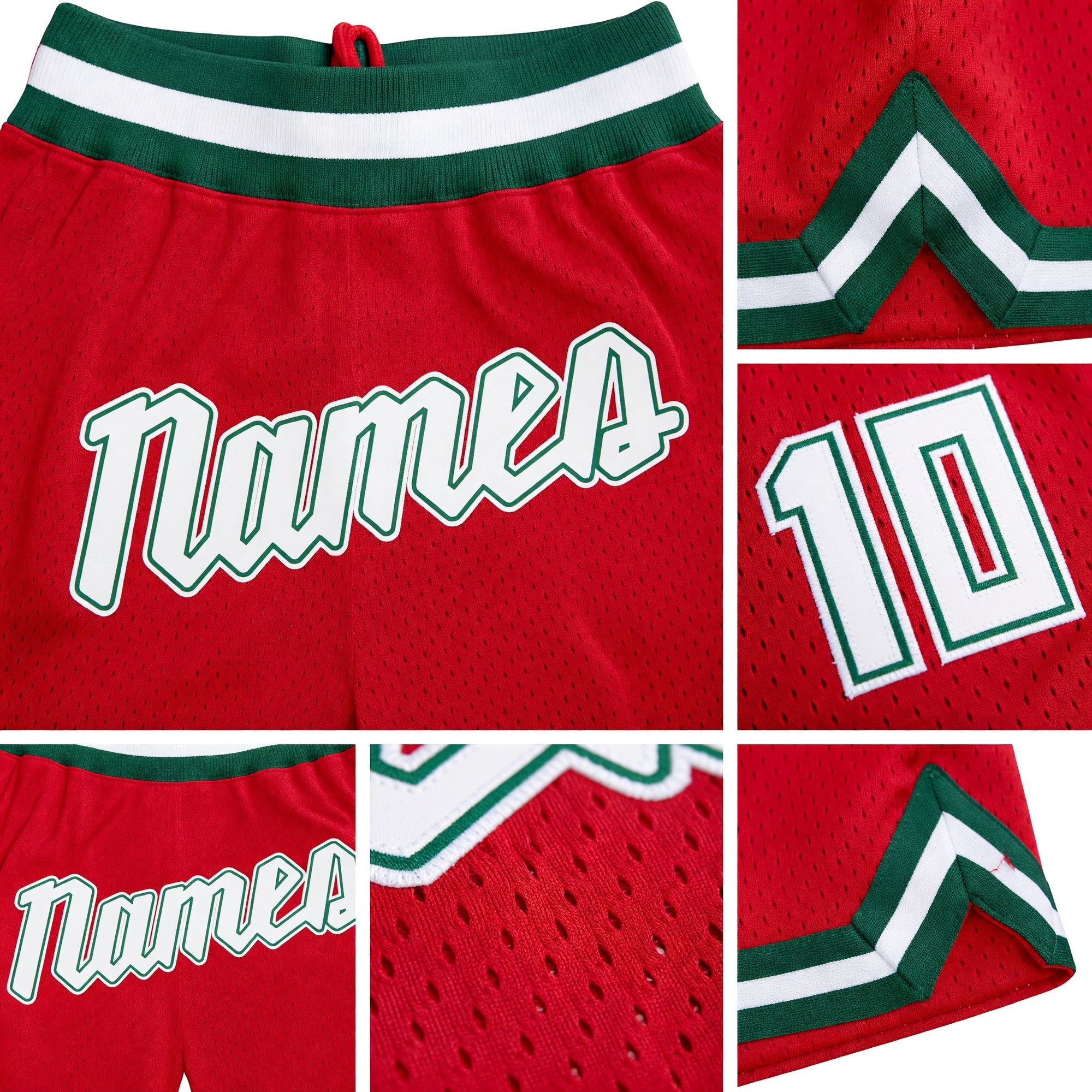 Custom Red White-Kelly Green Authentic Throwback Basketball Shorts detail