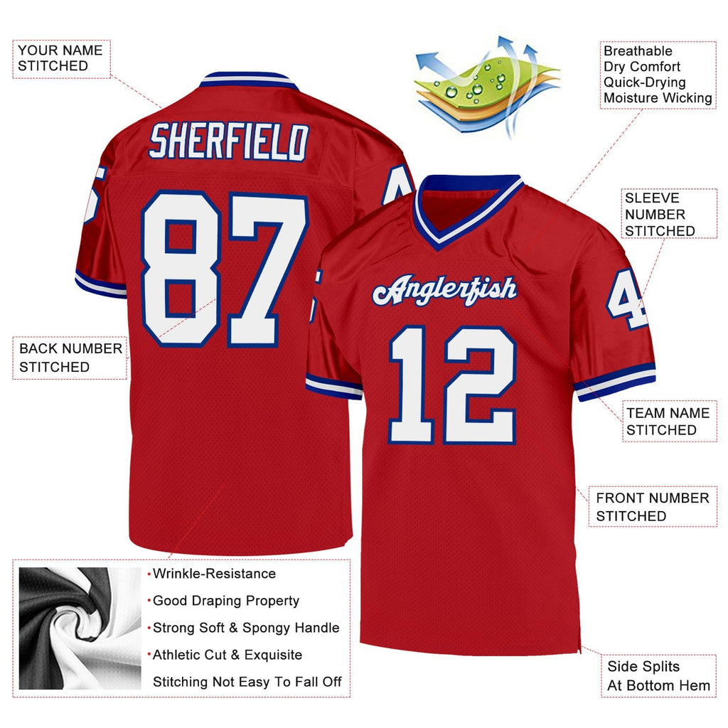 Custom Red White-Royal Mesh Authentic Throwback Football Jersey photo 4