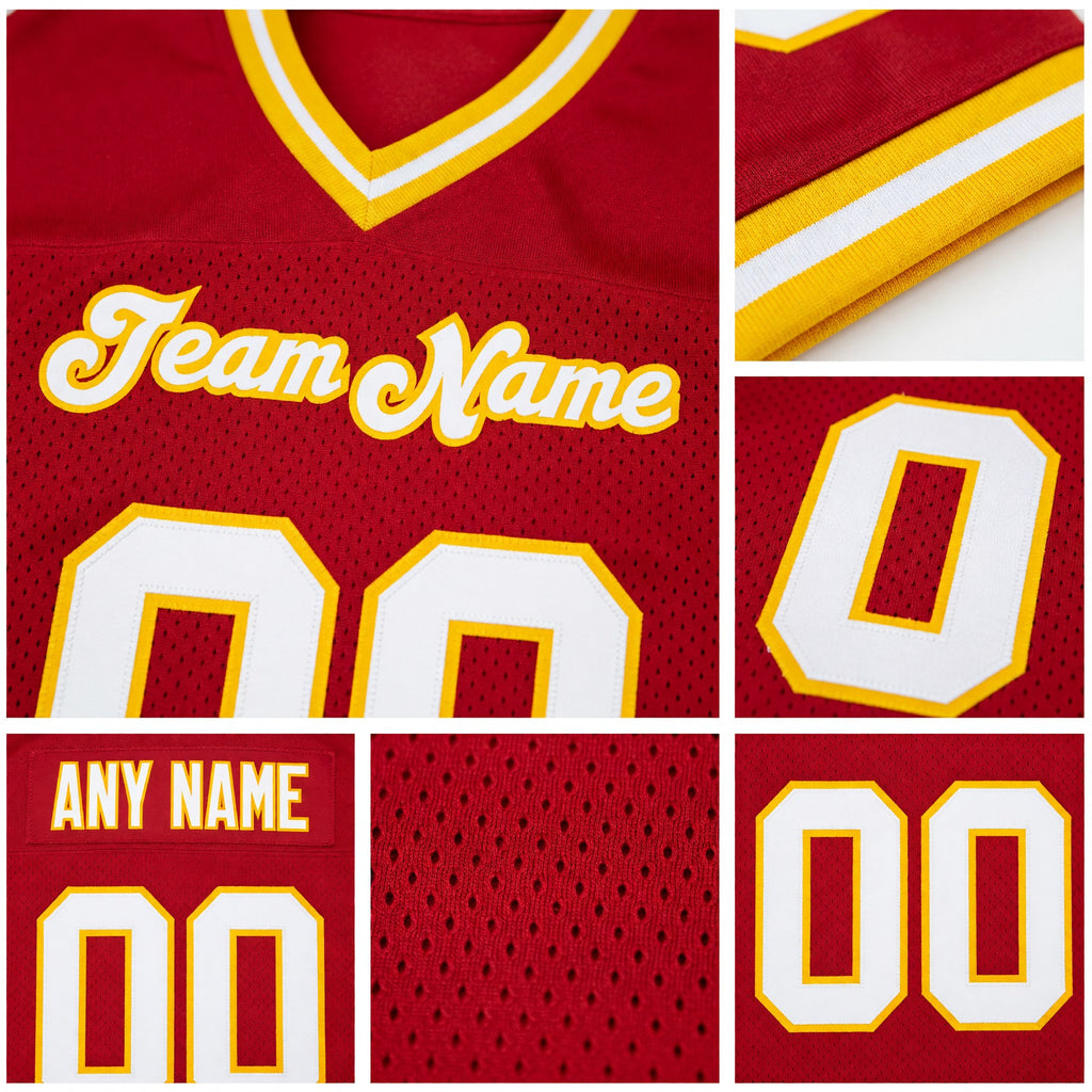 Custom Red White-Gold Mesh Authentic Throwback Football Jersey detail