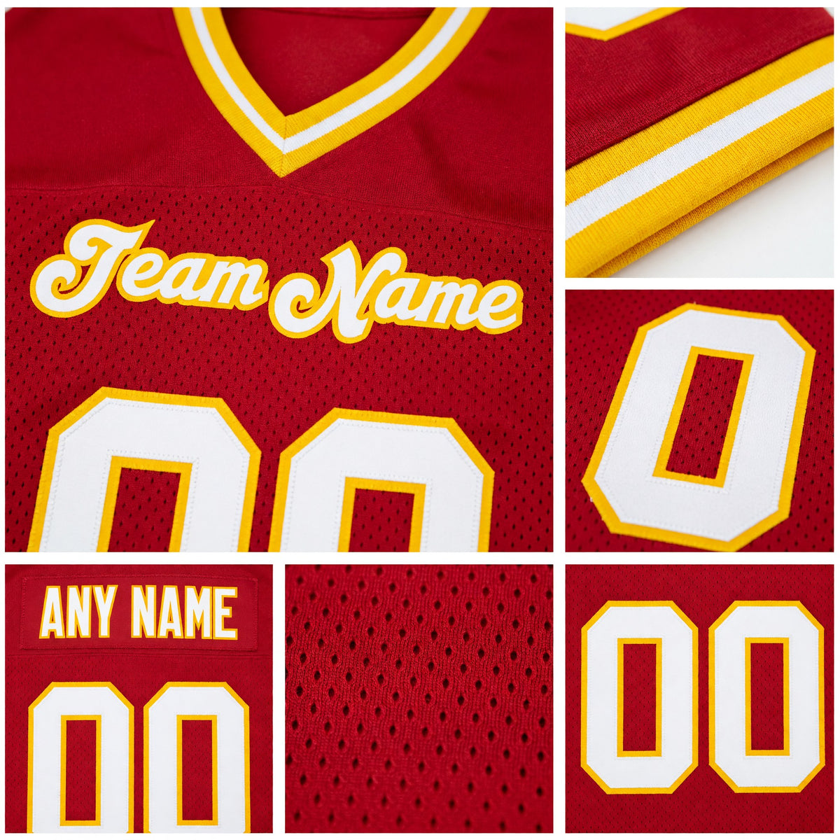 Custom Red White-Gold Mesh Authentic Throwback Football Jersey detail