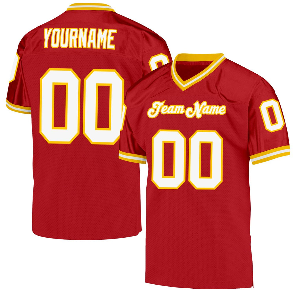 Custom Red White-Gold Mesh Authentic Throwback Football Jersey photo 1