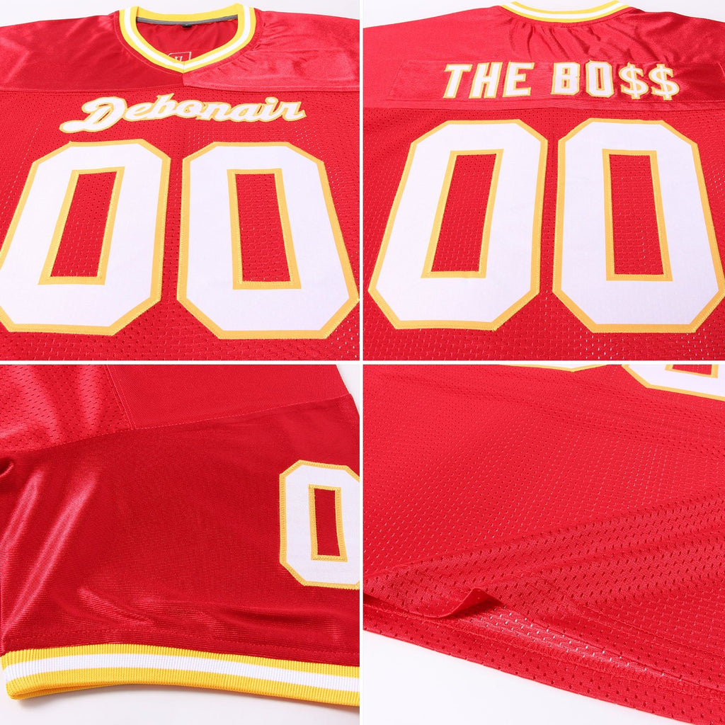 Custom Red White-Gold Mesh Authentic Throwback Football Jersey photo 6