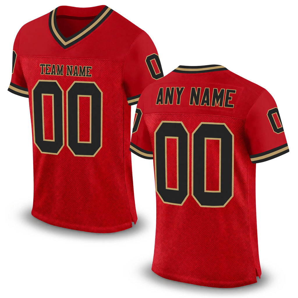 Custom Red Black-Old Gold Mesh Authentic Throwback Football Jersey