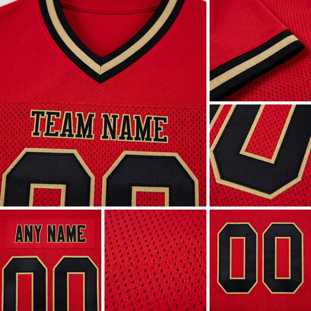 Custom Red Black-Old Gold Mesh Authentic Throwback Football Jersey detail