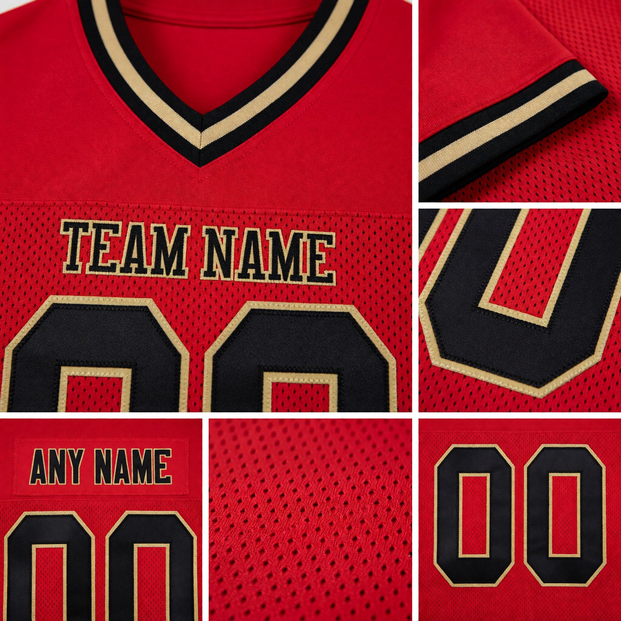 Custom Red Black-Old Gold Mesh Authentic Throwback Football Jersey detail