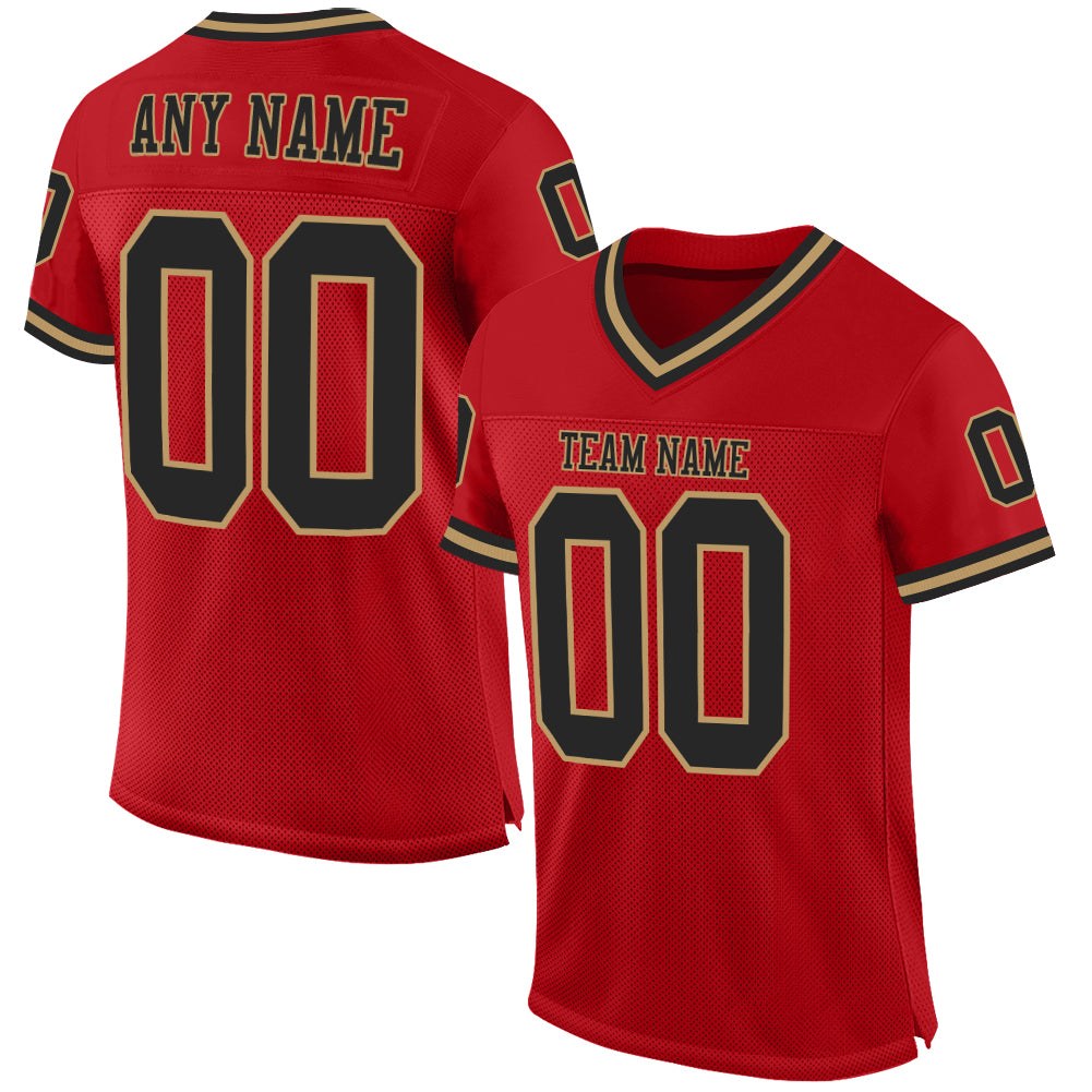 Custom Red Black-Old Gold Mesh Authentic Throwback Football Jersey photo 1