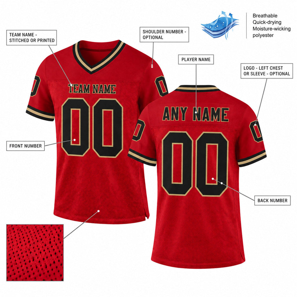 Custom Red Mesh Authentic Football Jersey with Black and Old Gold Lettering Design 0239 customization guide