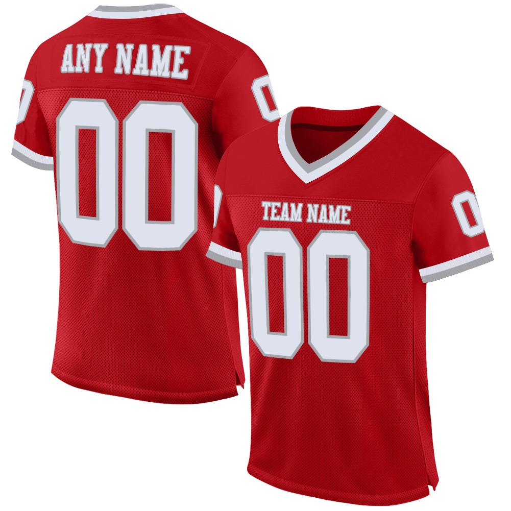 Custom Red White-Gray Mesh Authentic Throwback Football Jersey photo 1