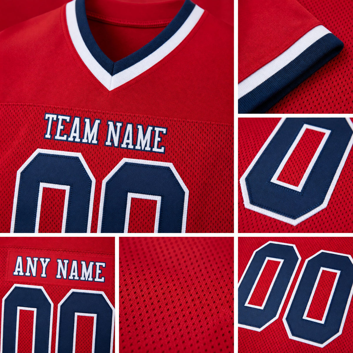 Custom Red Navy-White Mesh Authentic Throwback Football Jersey detail