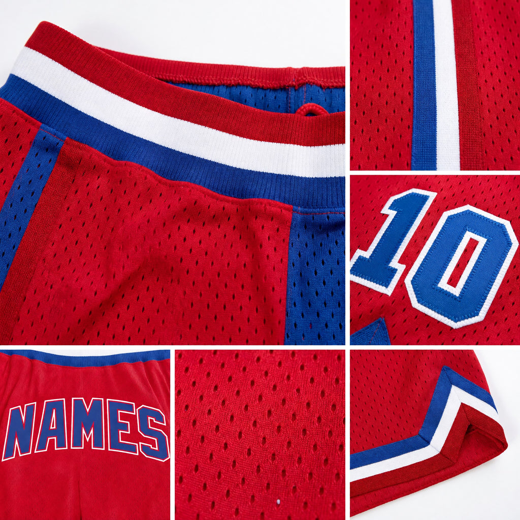 Custom Red Royal-White Authentic Throwback Basketball Shorts detail