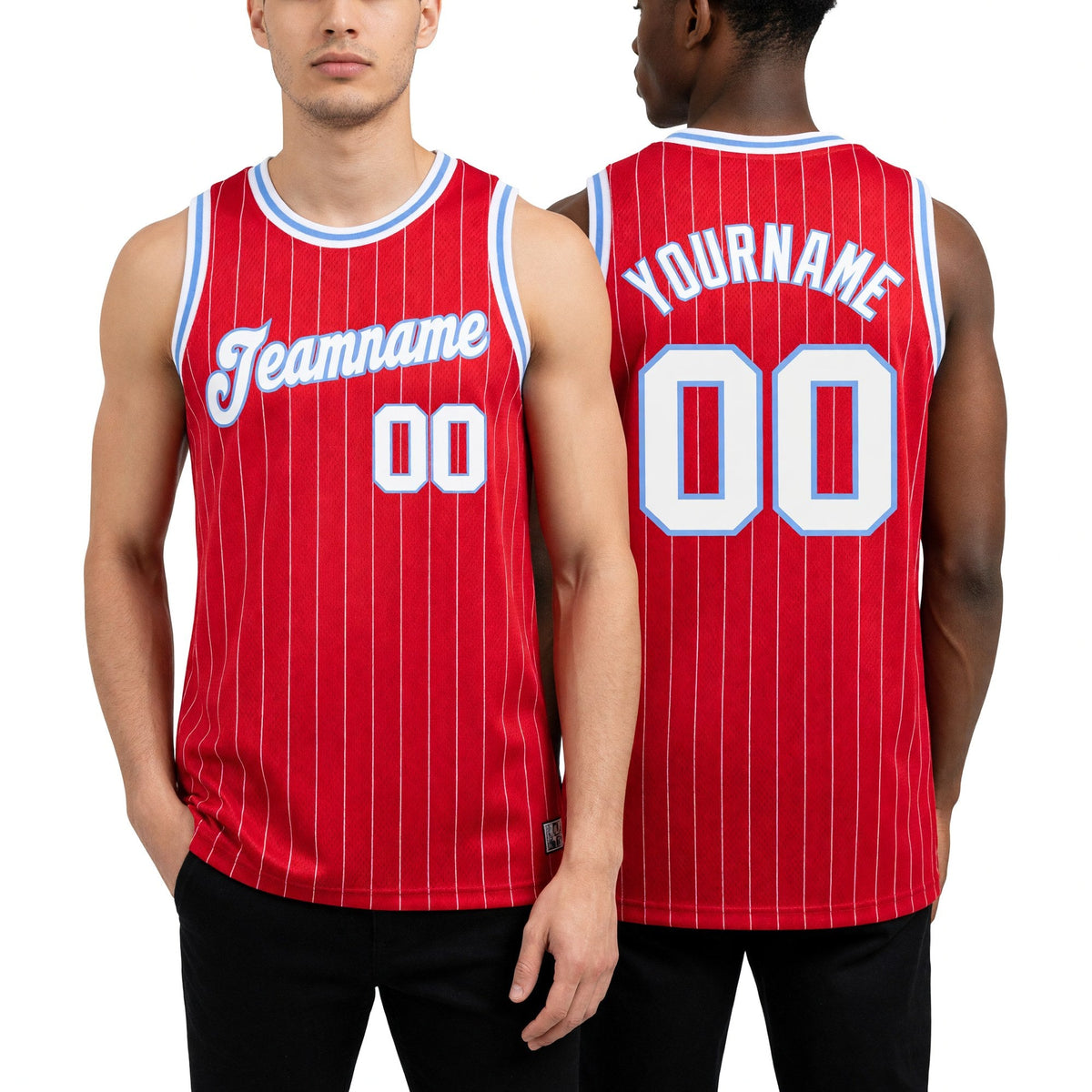 Custom Red White Pinstripe White-Light Blue Authentic Basketball Jersey worn front and back