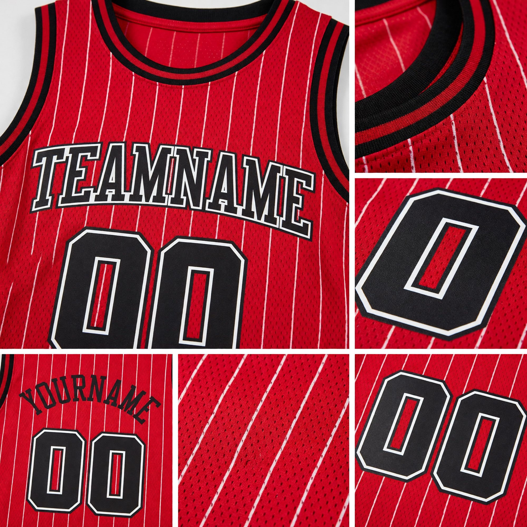 Custom Red White Pinstripe Black-White Authentic Basketball Jersey detail