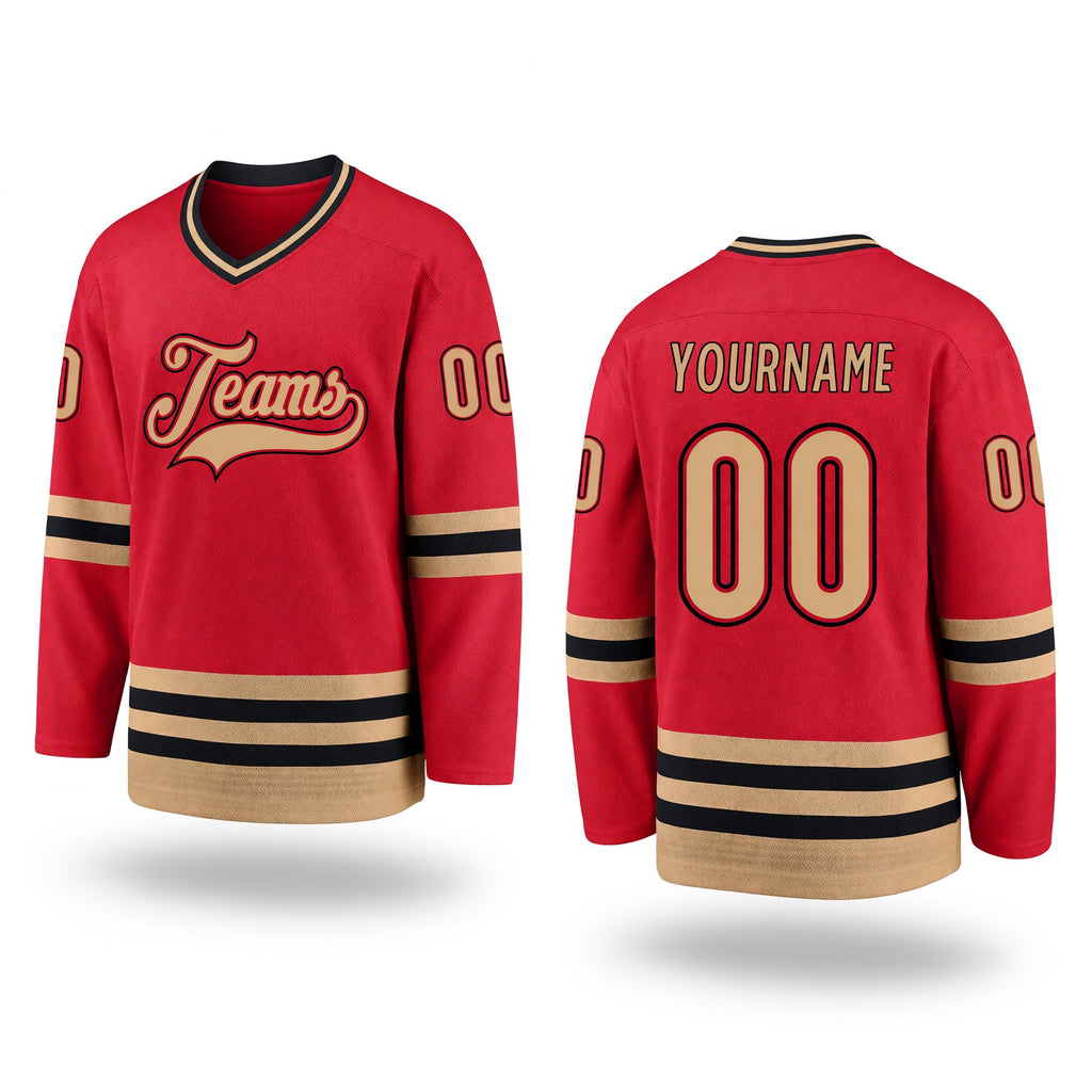Custom Red Old Gold-Black Hockey Jersey