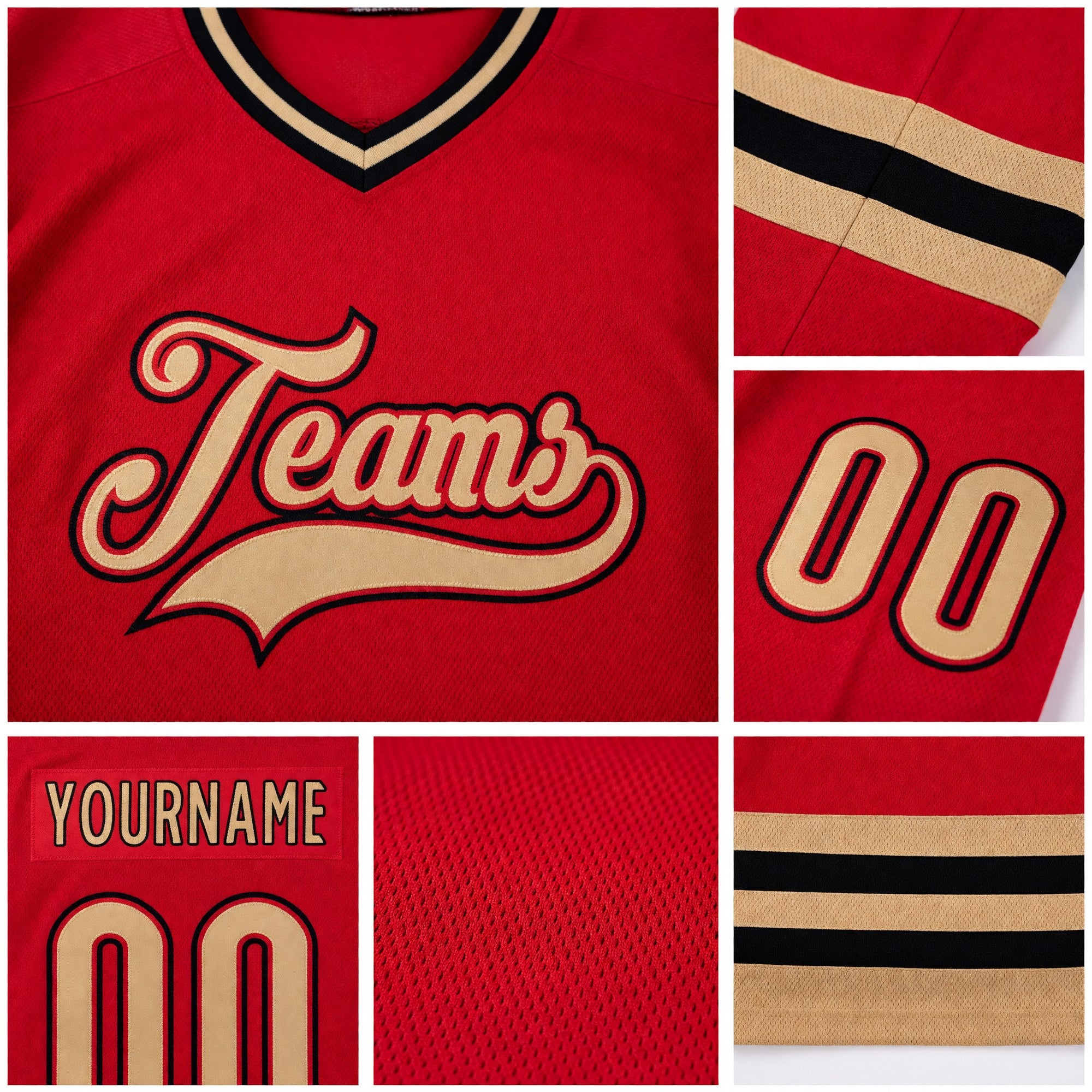 Custom Red Old Gold-Black Hockey Jersey detail