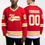 Custom Red White-Gold Hockey Jersey worn front and back