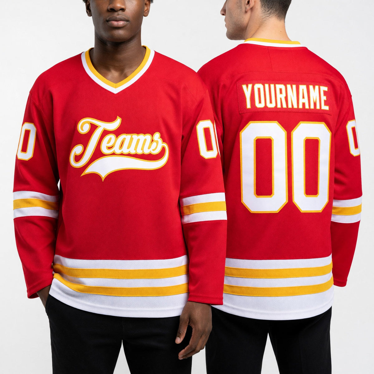 Custom Red White-Gold Hockey Jersey worn front and back